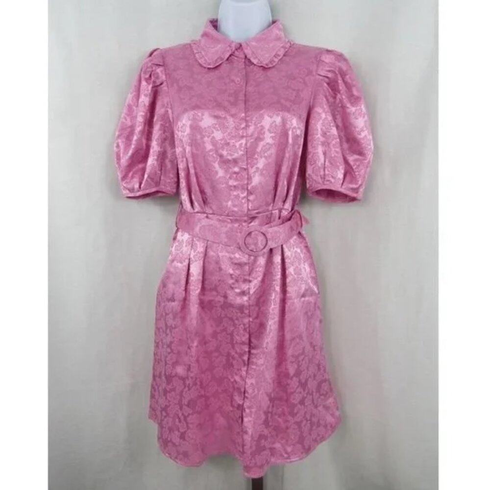 Pink Puff-Sleeve Jacquard Dress with Belt